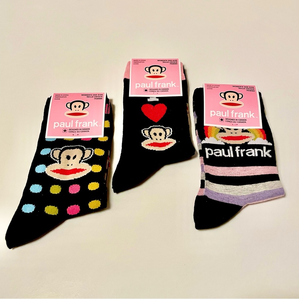 Paul Frank Colorful Socks, Set of 3, Ladies Size 6-9.5 fit, Black w/Colors, NWT